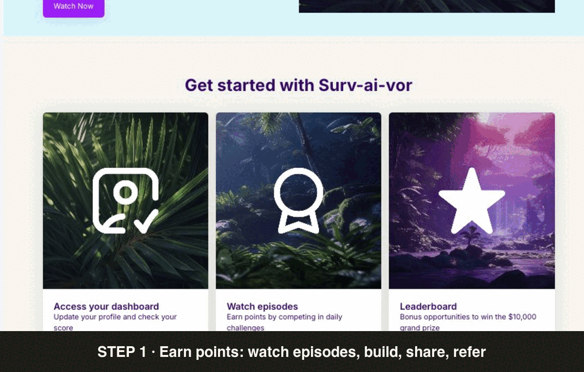 Three-step walkthrough of the Surv-ai-vor game portal: earn points, complete episode challenges, take sponsor demos