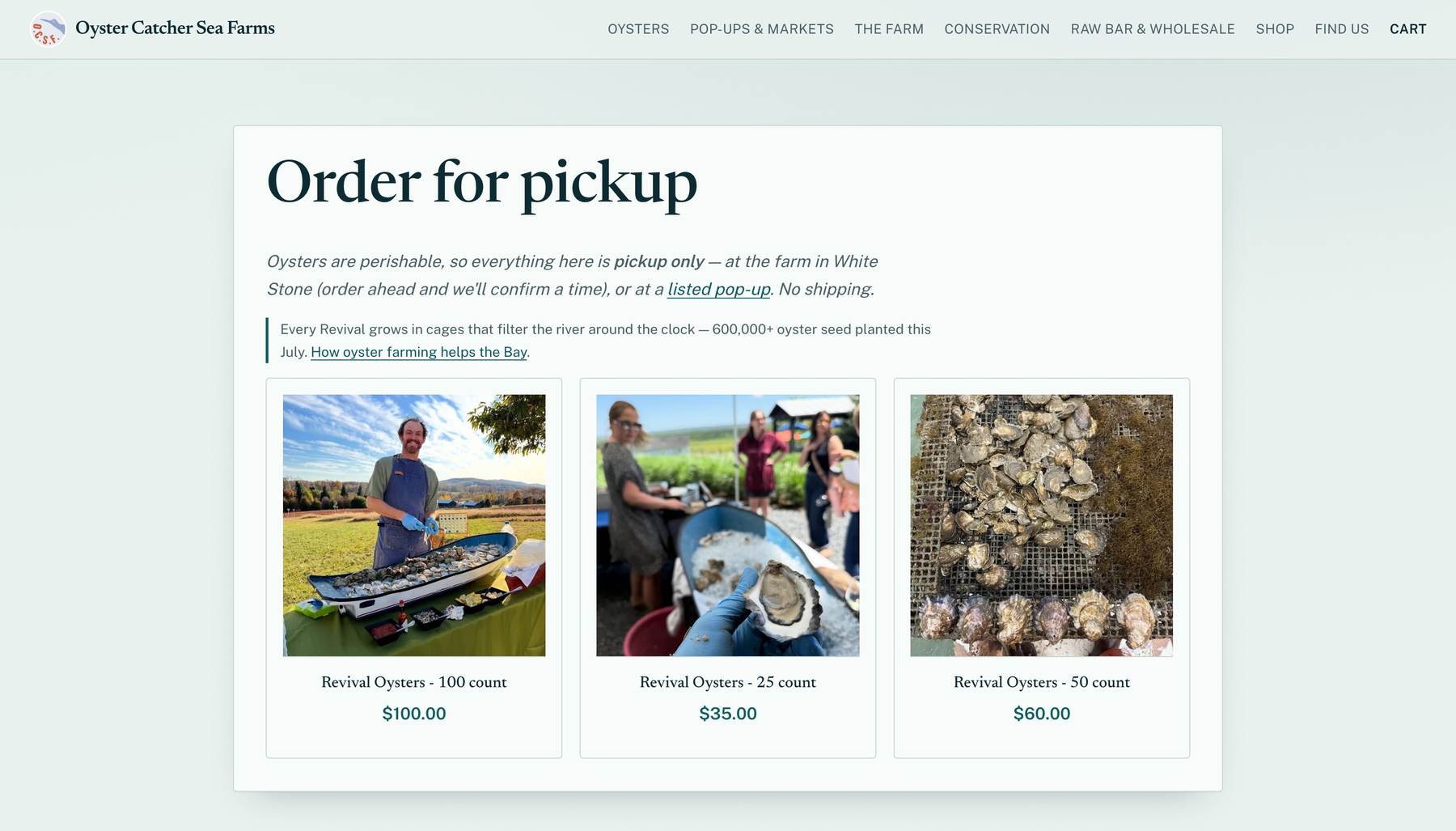 Oyster Catcher Sea Farms ordering site built by The Smithy